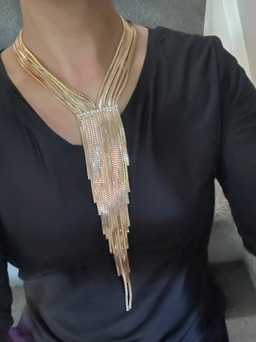 Cleavage necklace , gold fringe necklace set, cleopatra necklace, long gold chain necklace, gold bib necklace set, gold tassel and earrings