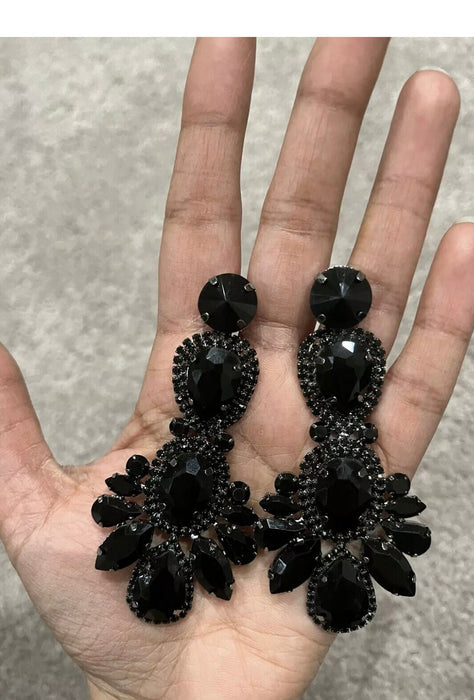 Large black earrings , black crystal earrings , oversized black earrings , black wedding earrings