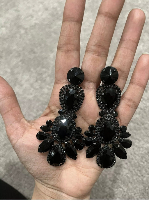 Large black earrings , black crystal earrings , oversized black earrings , black wedding earrings