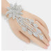 White Rhinestone bracelet, clear hand chain silver bracelet and ring set, bridal flower bracelet with ring, clear cuff