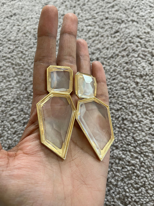 Large Gold clear earrings, chunky clear white and gold earrings, gold clear acrylic crystal earrings , bold statement earrings 3.75”