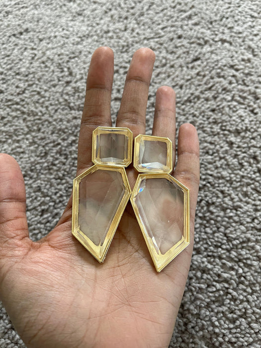 Large Gold clear earrings, chunky clear white and gold earrings, gold clear acrylic crystal earrings , bold statement earrings 3.75”