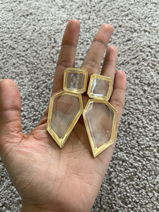 Large Gold clear earrings, chunky clear white and gold earrings, gold clear acrylic crystal earrings , bold statement earrings 3.75”