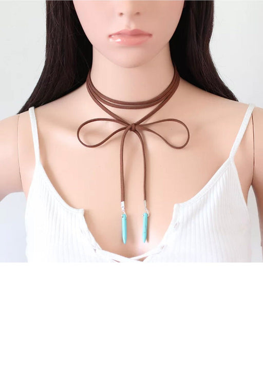 Turquoise choker necklace , leather necklace , long tassel necklace , long suede necklace , rope necklace , cleavage necklace , hippie