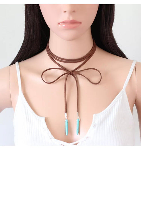 Turquoise choker necklace , leather necklace , long tassel necklace , long suede necklace , rope necklace , cleavage necklace , hippie