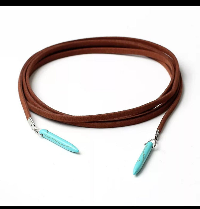 Turquoise choker necklace , leather necklace , long tassel necklace , long suede necklace , rope necklace , cleavage necklace , hippie