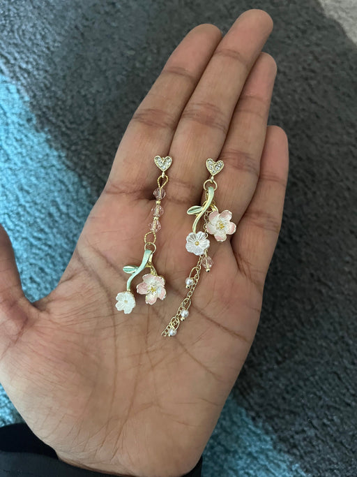 White flower earrings , cherry blossom earrings , earrings , mismatched earrings , long white earrings floral