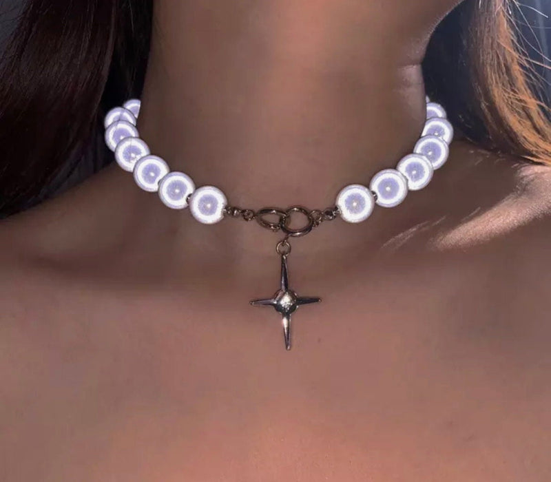 cross necklace , White Pearl clavicle Necklace Choker Cross Pendant Clavicle Chain , shiny white bead necklace , chunky white bead