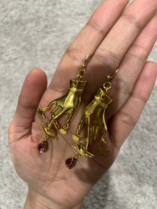 Purple earrings , long gothic earrings , hand palm earrings , astrology earring , celestial earrings , planet earrings