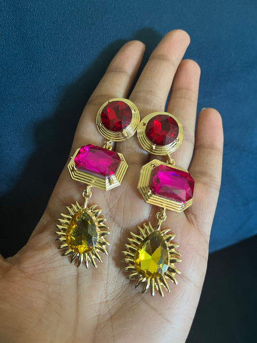 Fuchsia earrings , yellow crystal earrings , hot pink earrings , red pink earrings , pink crystal earrings , yellow crystal earrings , red