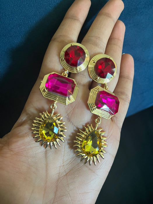 Fuchsia earrings , yellow crystal earrings , hot pink earrings , red pink earrings , pink crystal earrings , yellow crystal earrings , red