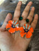 Enamel flower earrings , orange flower earrings ,long orange earrings , orange and green earrings