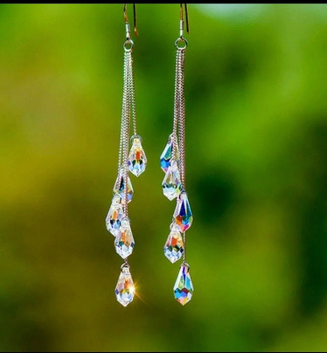 Long Aurora borealis earrings , long silver chain earrings , long iridescent earrings , long rainbow earrings , silver chandelier earrings