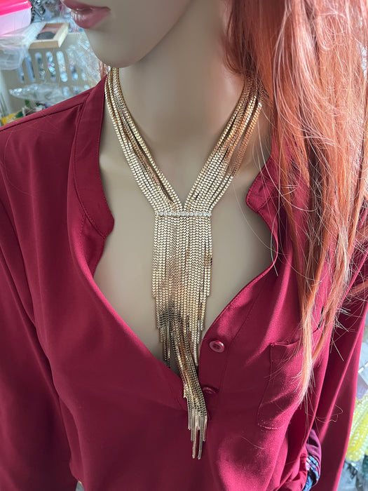 Cleavage necklace , gold fringe necklace set, cleopatra necklace, long gold chain necklace, gold bib necklace set, gold tassel and earrings