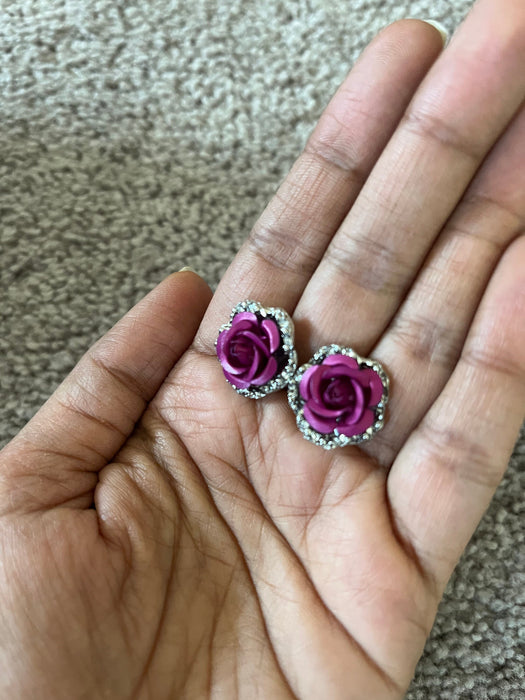 Fuchsia flower Studs, rose raspberry color stud earrings , magenta stud earrings, pageant earrings, pink crystal , dark pink flower earrings