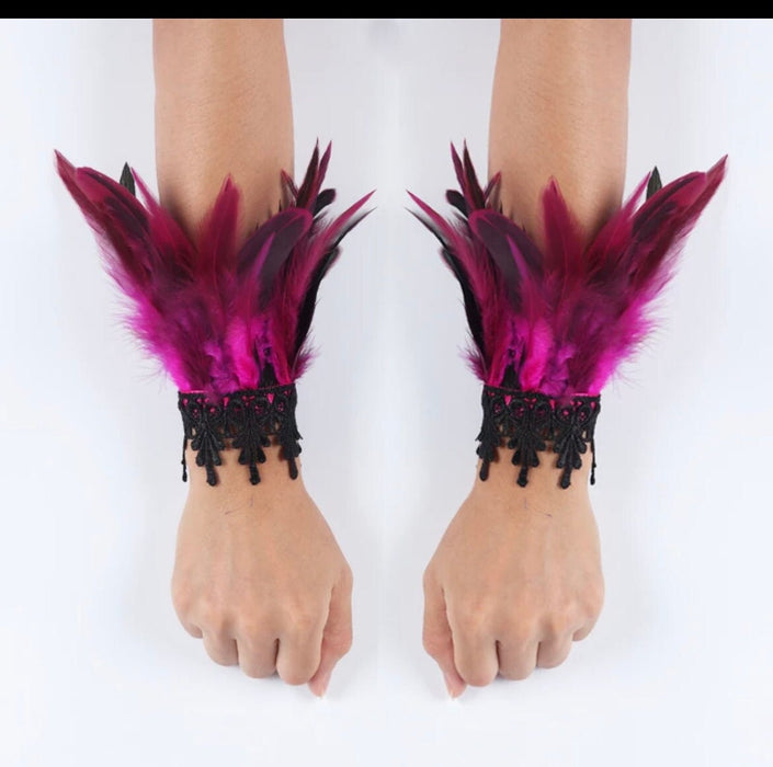 Fuchsia pink Feather cuff bracelet pair Gothic masquerade Gloves Feather Chunky Cuff Carnival Stage Show Showgirl Rooster Cosplay Costume