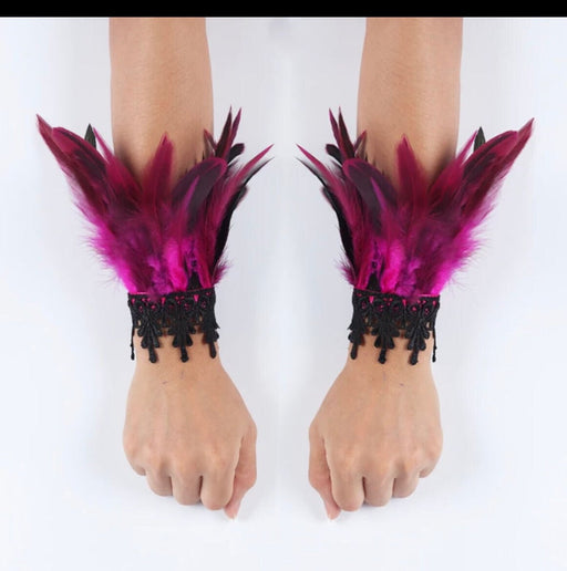 Fuchsia pink Feather cuff bracelet pair Gothic masquerade Gloves Feather Chunky Cuff Carnival Stage Show Showgirl Rooster Cosplay Costume