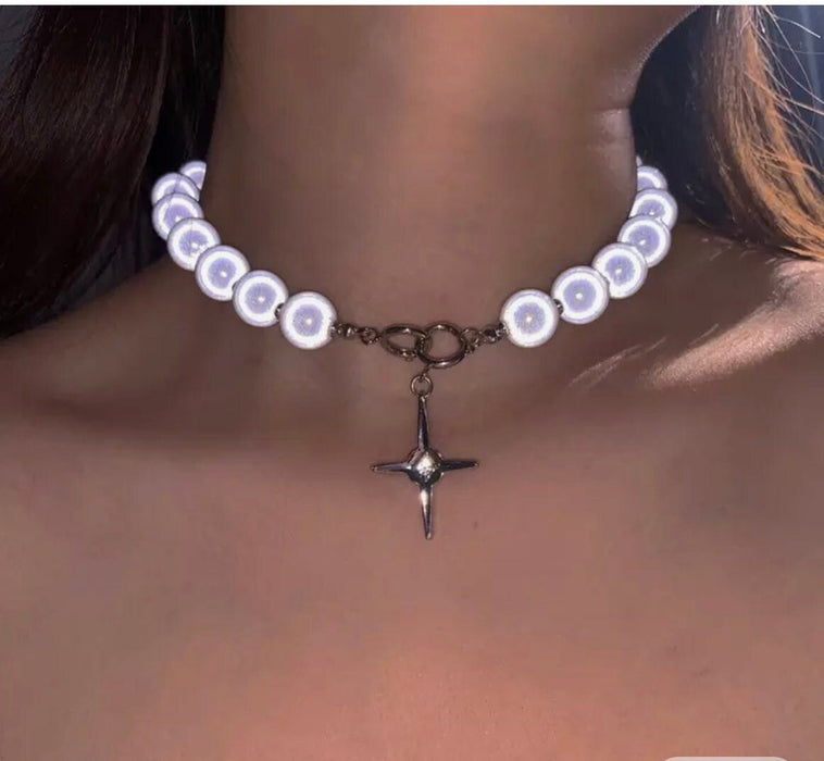 cross necklace , White Pearl clavicle Necklace Choker Cross Pendant Clavicle Chain , shiny white bead necklace , chunky white bead