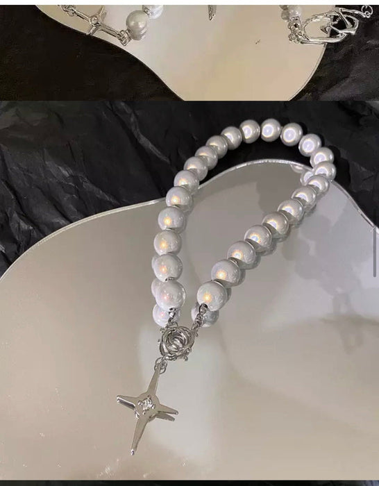 cross necklace , White Pearl clavicle Necklace Choker Cross Pendant Clavicle Chain , shiny white bead necklace , chunky white bead