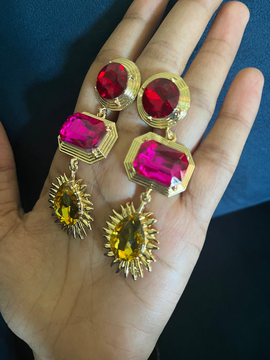 Fuchsia earrings , yellow crystal earrings , hot pink earrings , red pink earrings , pink crystal earrings , yellow crystal earrings , red