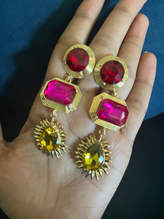 Fuchsia earrings , yellow crystal earrings , hot pink earrings , red pink earrings , pink crystal earrings , yellow crystal earrings , red