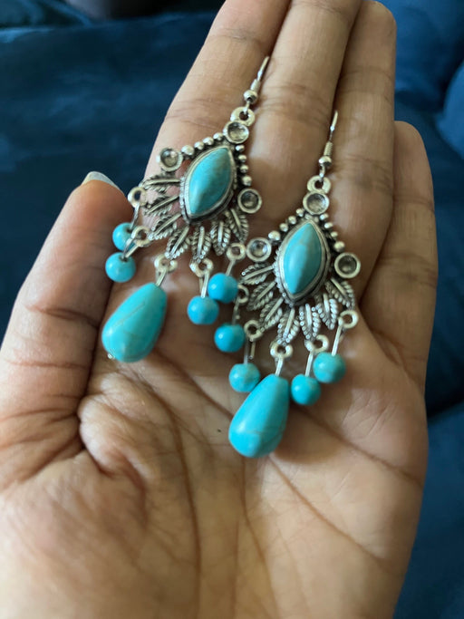 Long Turquoise color earrings , blue chandelier earrings , big light blue earrings ,