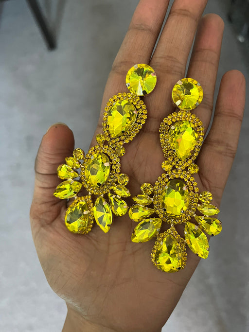 Big Yellow earrings , large yellow jonquil earrings , yellow rhinestone earrings ,yellow crystal earrings , chandelier huge pierced