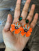 Enamel flower earrings , orange flower earrings ,long orange earrings , orange and green earrings