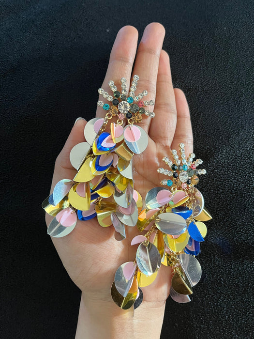 Long confetti earrings , large gold blue pink earrings , large chandelier earrings , big sequin earrings multicolor rainbow rhinestone