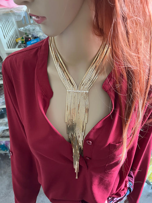 Cleavage necklace , gold fringe necklace set, cleopatra necklace, long gold chain necklace, gold bib necklace set, gold tassel and earrings