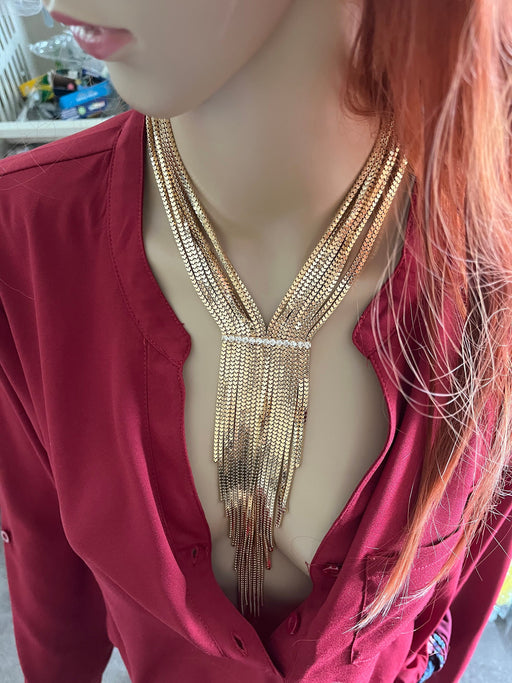 Cleavage necklace , gold fringe necklace set, cleopatra necklace, long gold chain necklace, gold bib necklace set, gold tassel and earrings