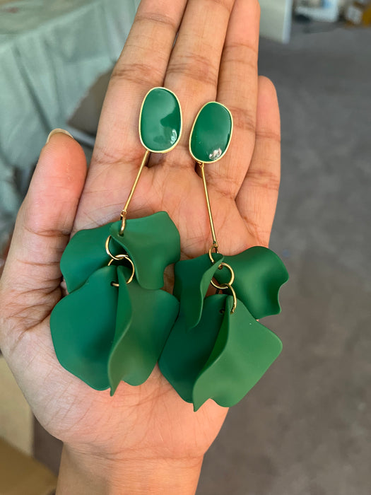 Green flower earrings , green petal earrings , green acrylic earrings , long rose petal earrings big