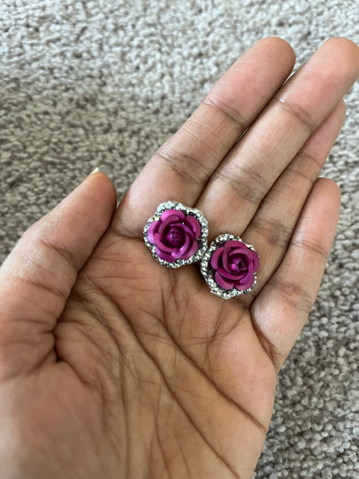 Fuchsia flower Studs, rose raspberry color stud earrings , magenta stud earrings, pageant earrings, pink crystal , dark pink flower earrings