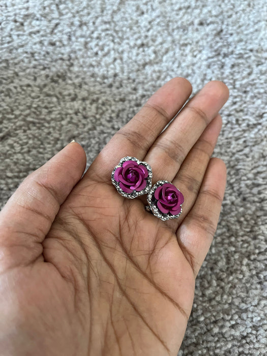 Fuchsia flower Studs, rose raspberry color stud earrings , magenta stud earrings, pageant earrings, pink crystal , dark pink flower earrings