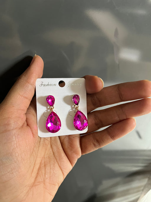 Fuchsia teardrop earrings , small fuchsia earrings , fuchsia crystal earrings , hot pink gold tone tear drop earrings