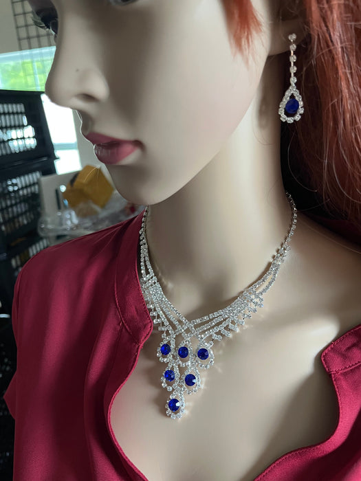 Royal blue necklace set , blue rhinestone necklace and earring set , dark blue jewelry set pageant wedding