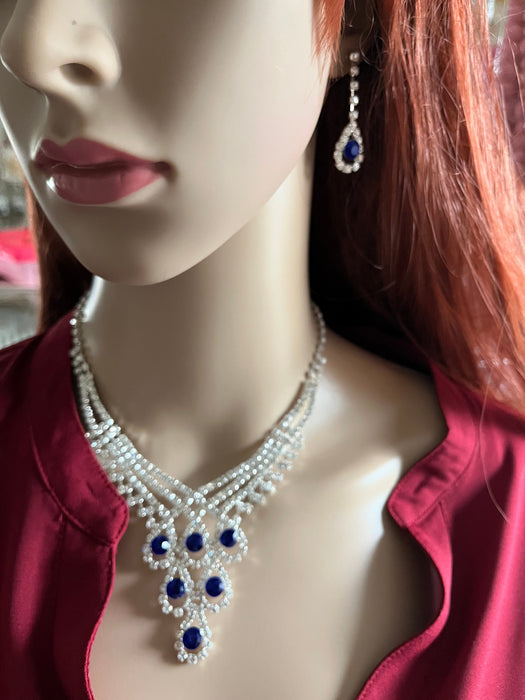 Royal blue necklace set , blue rhinestone necklace and earring set , dark blue jewelry set pageant wedding