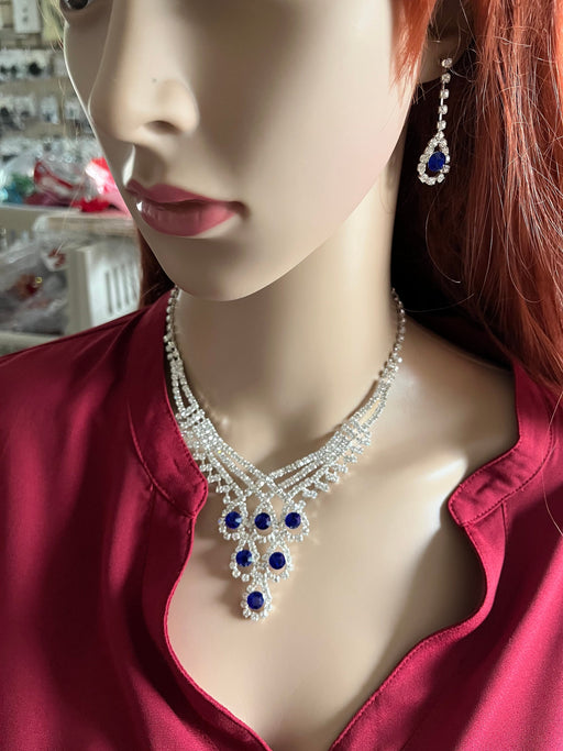 Royal blue necklace set , blue rhinestone necklace and earring set , dark blue jewelry set pageant wedding