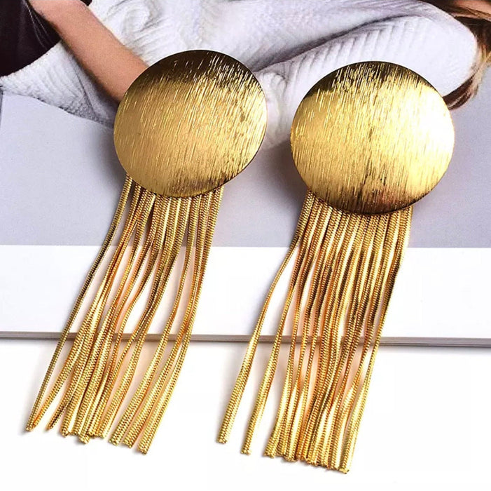 Long gold earrings ,big gold fringe earrings , gold wedding earrings , big gold earrings , large gold earrings , gold chain earring