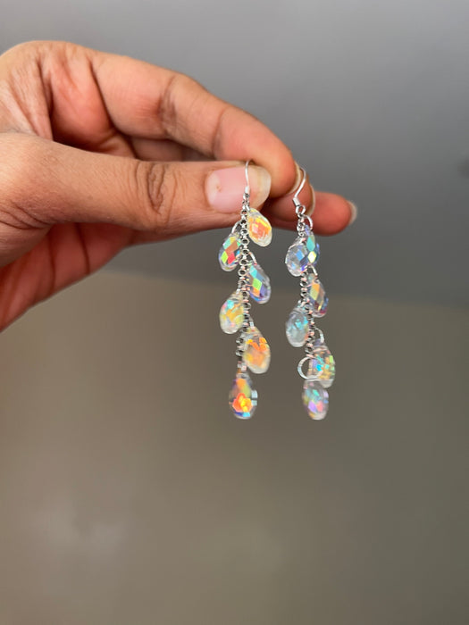 Long Aurora borealis earrings , long silver chain earrings , long iridescent earrings , long rainbow earrings , silver chandelier earrings