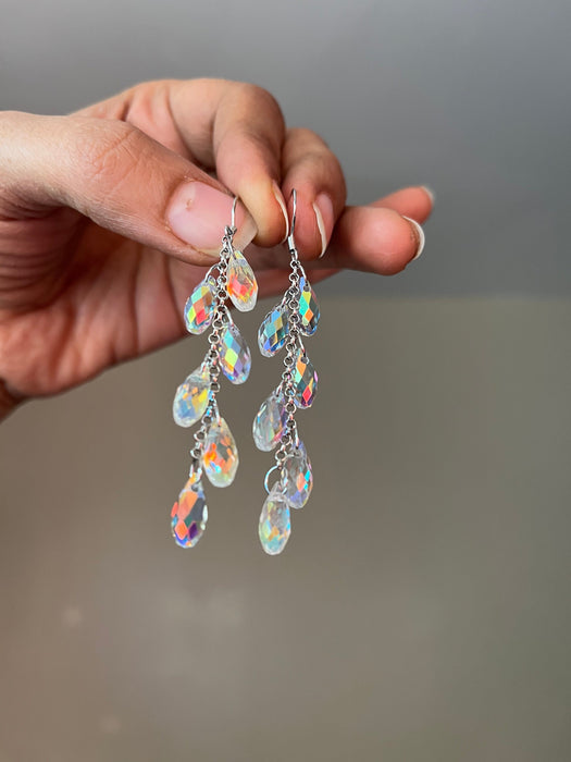 Long Aurora borealis earrings , long silver chain earrings , long iridescent earrings , long rainbow earrings , silver chandelier earrings