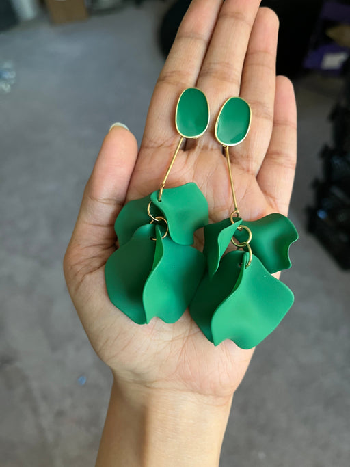 Green flower earrings , green petal earrings , green acrylic earrings , long rose petal earrings big