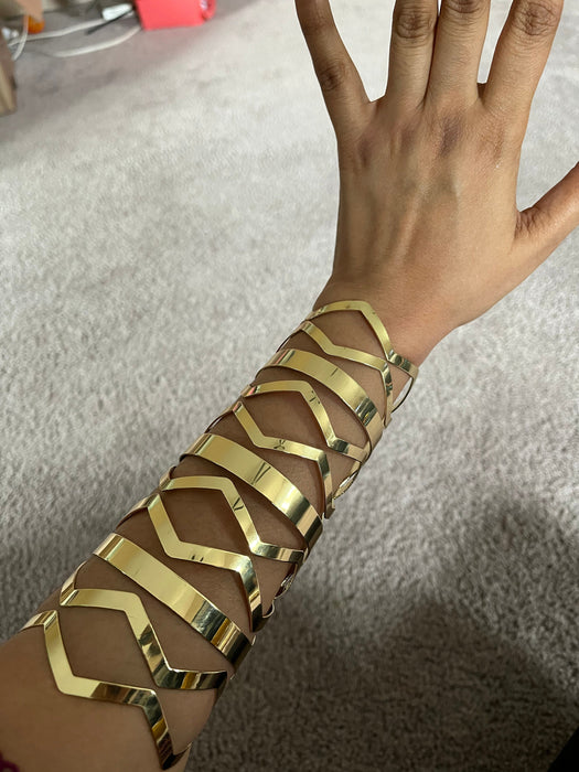 Huge wide gold cuff bracelet chunky bangle arm cuff costume pageant showgirl metal wedding statement armor