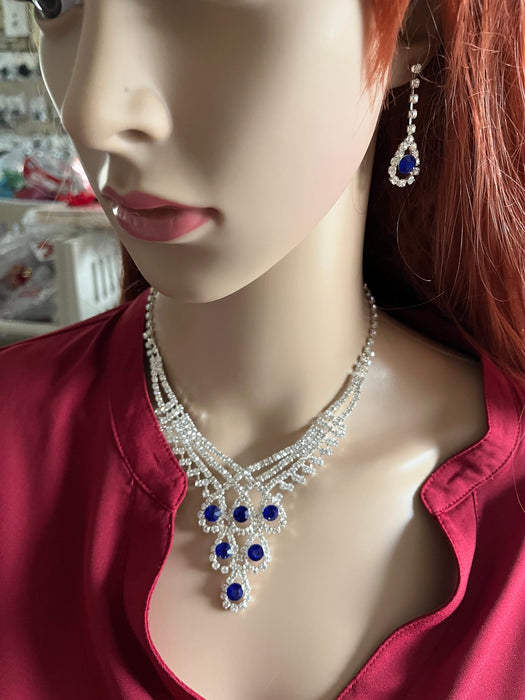 Royal blue necklace set , blue rhinestone necklace and earring set , dark blue jewelry set pageant wedding