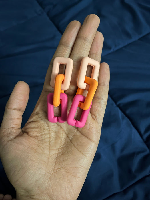 Hot pink orange earrings , pink orange acrylic earrings , fuchsia earrings , fuchsia acrylic chain , chunky pink , statement earrings