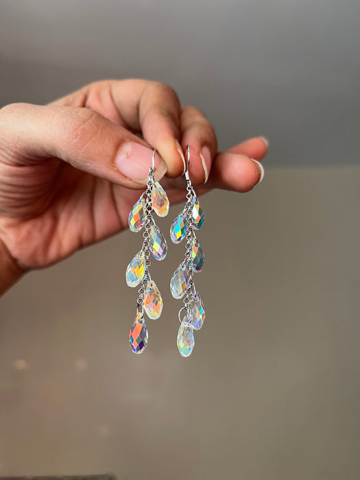 Long Aurora borealis earrings , long silver chain earrings , long iridescent earrings , long rainbow earrings , silver chandelier earrings