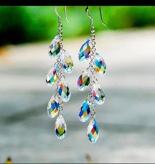 Long Aurora borealis earrings , long silver chain earrings , long iridescent earrings , long rainbow earrings , silver chandelier earrings