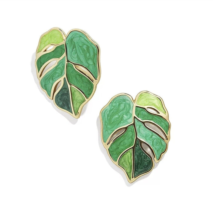 Green stud earrings , green leaf earrings , green enamel earrings , big green stud earrings