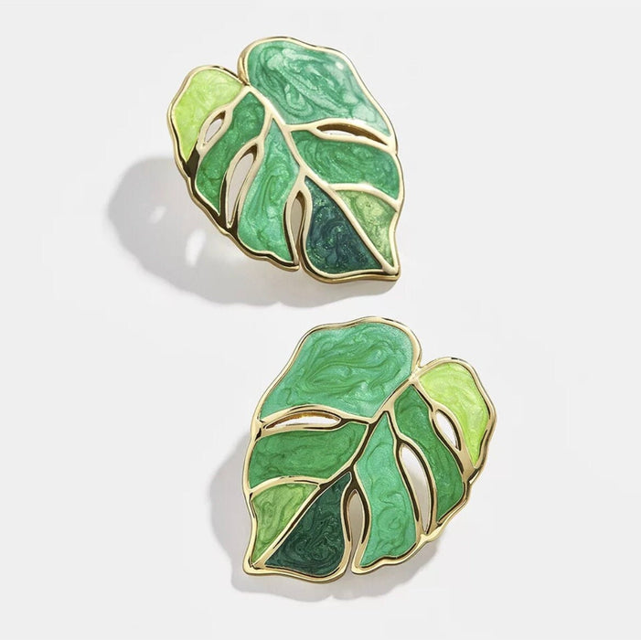 Green stud earrings , green leaf earrings , green enamel earrings , big green stud earrings