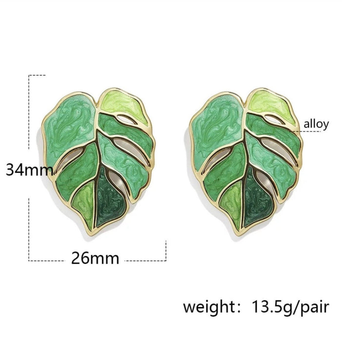 Green stud earrings , green leaf earrings , green enamel earrings , big green stud earrings